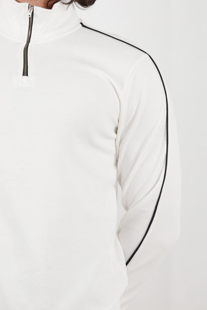 Strivex Erkek Yarım Fermuarlı Kol Şeritli Sweat Beyaz