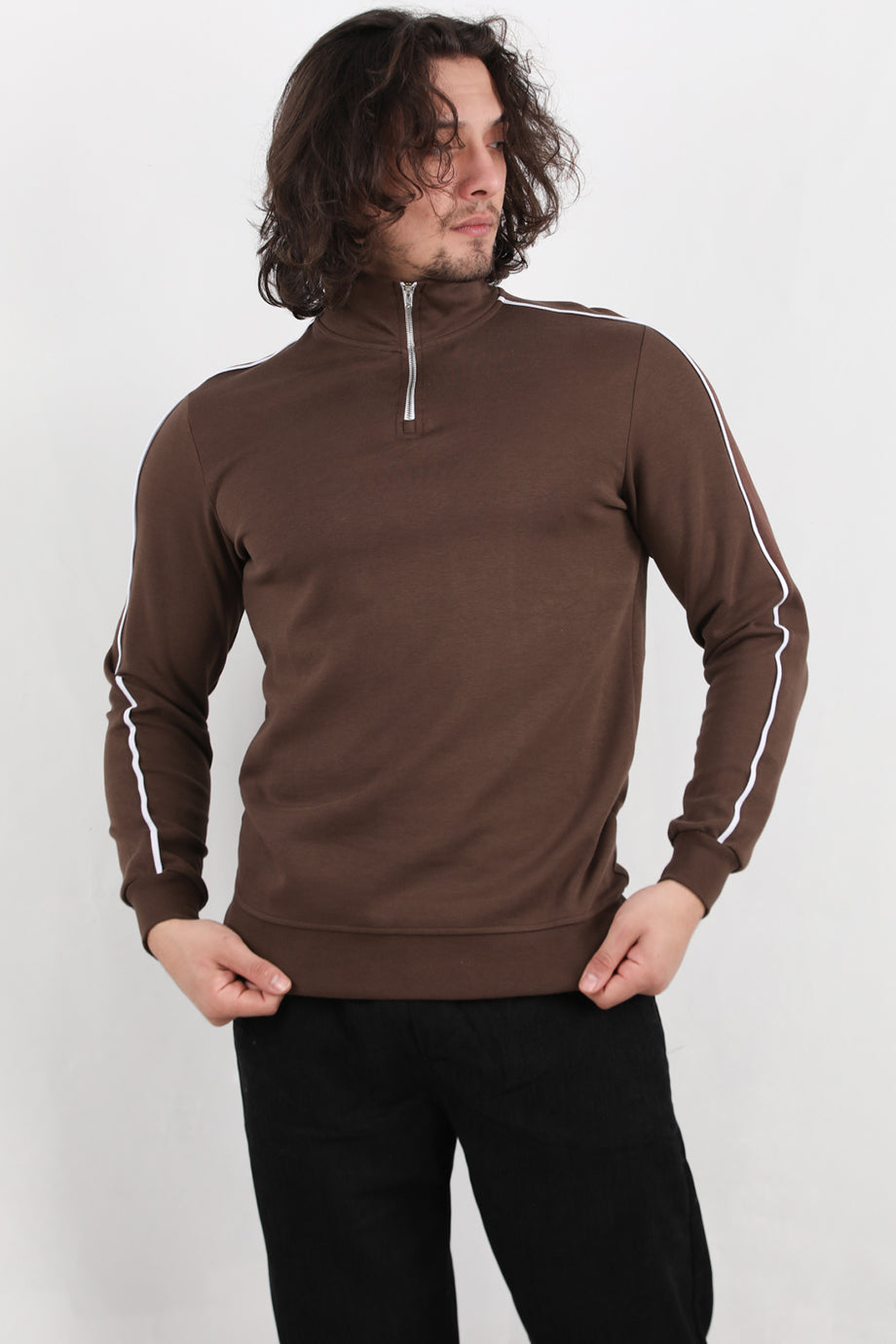 Strivex  Erkek Yarım Fermuarlı Kol Şeritli Sweat Siyah