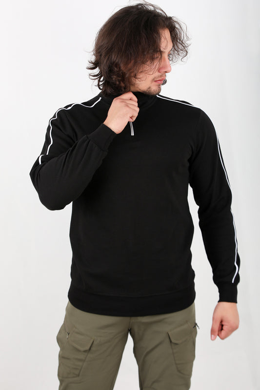 Strivex  Erkek Yarım Fermuarlı Kol Şeritli Sweat Siyah