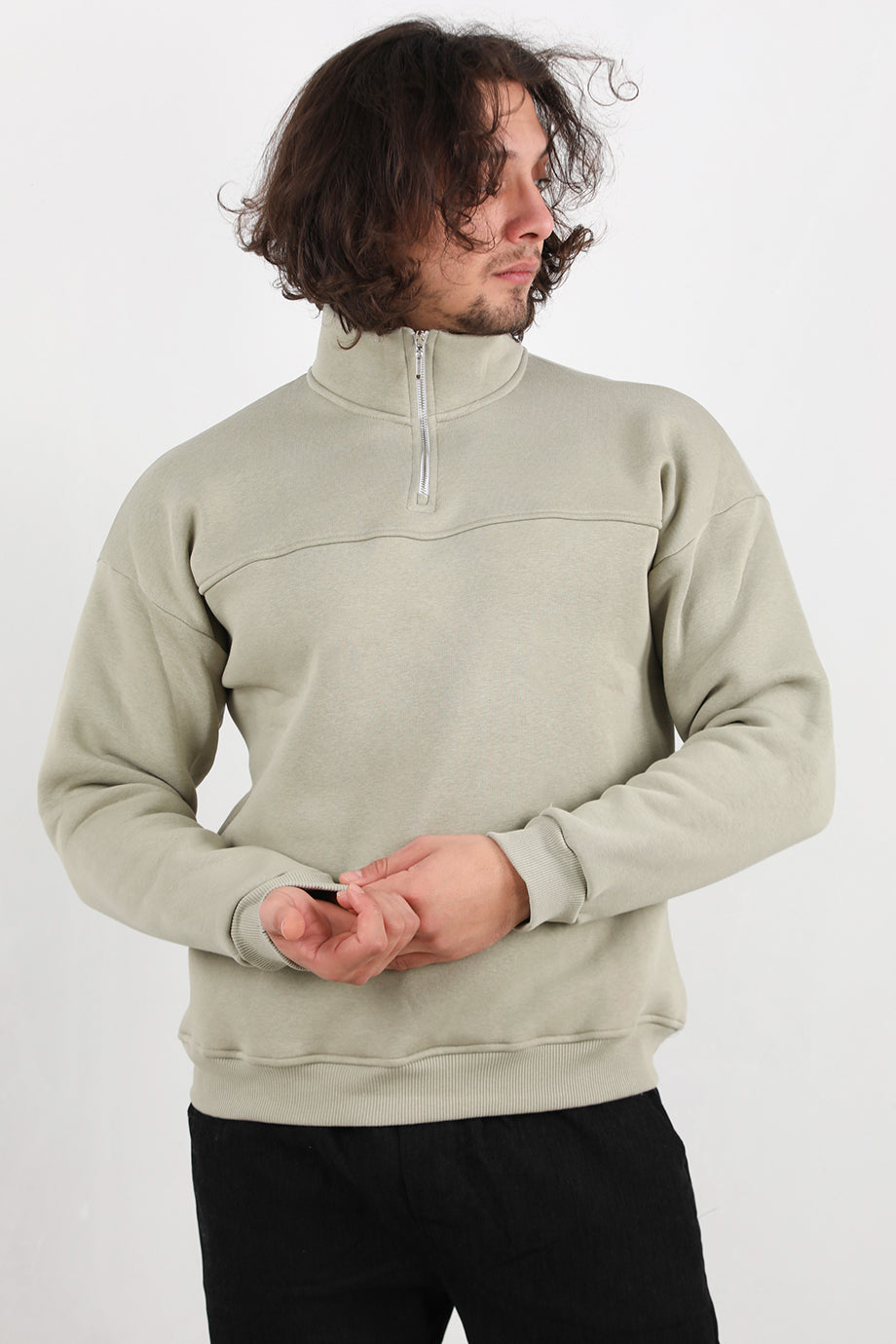 Menswear Erkek Yarım Fermuar Sweat Haki