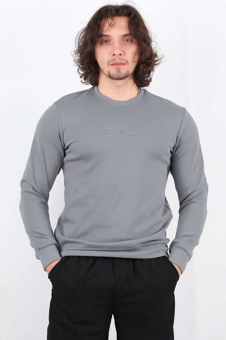 Statement  Erkek Bisiklet Yaka Faır Yazı Baskılı Sweat Gri