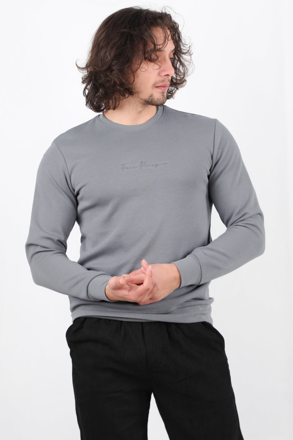 Statement  Erkek Bisiklet Yaka Faır Yazı Baskılı Sweat Gri