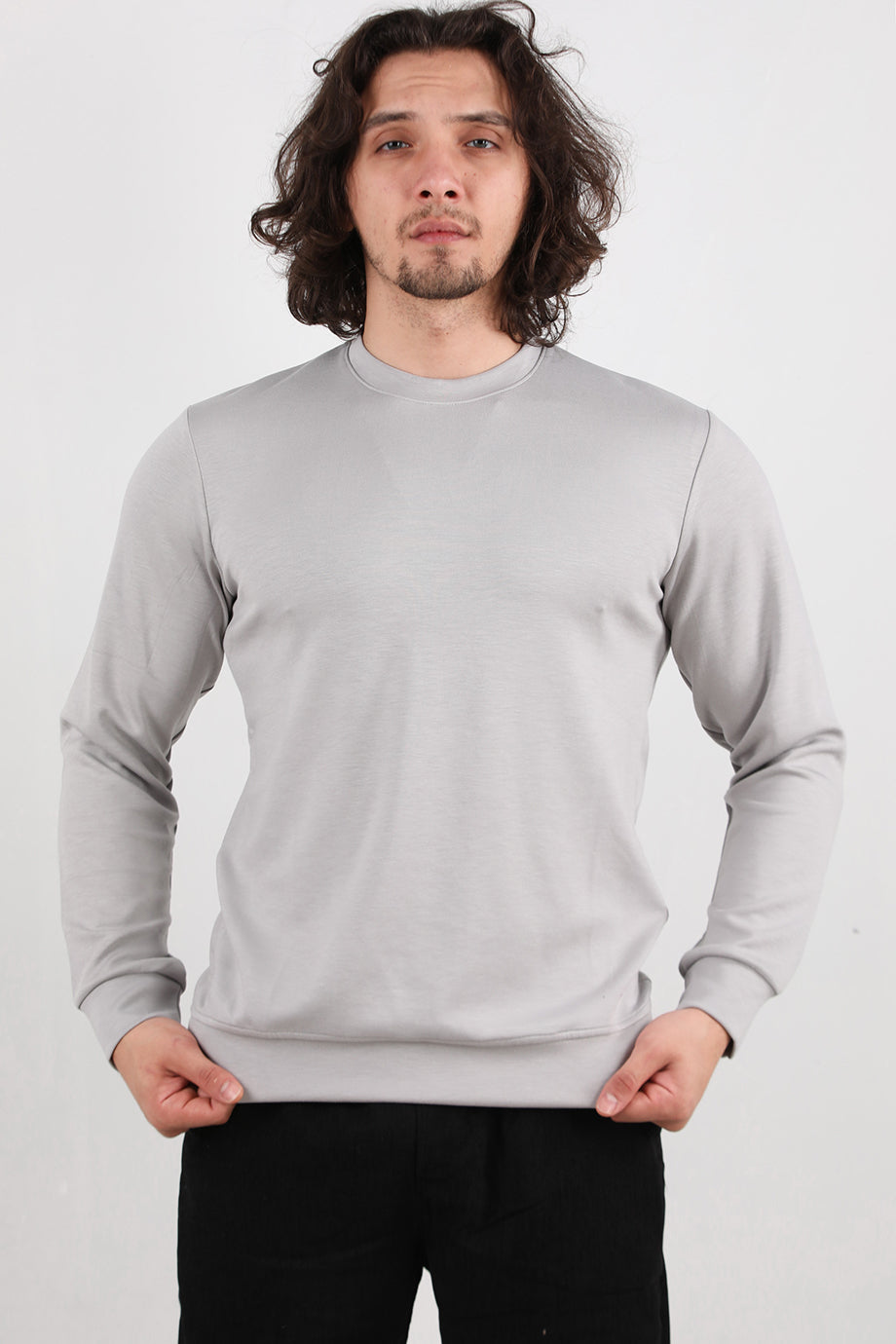 Basicore Erkek Bisiklet Yaka Düz Sweat Gri