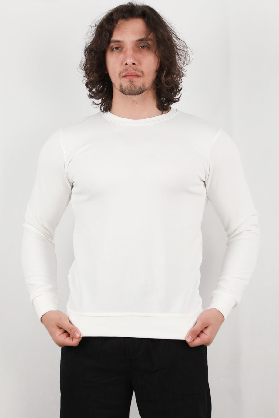 Athrex Erkek Bisiklet Yaka Sweat Beyaz