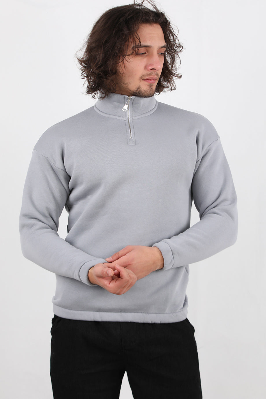 Holdra Erkek Dik Yaka Bel Kol Lastikli Şardonlu Sweat Gri