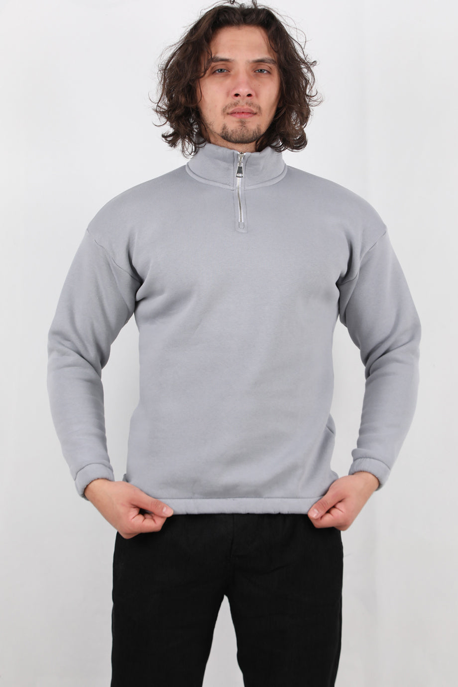 Holdra Erkek Dik Yaka Bel Kol Lastikli Şardonlu Sweat Gri