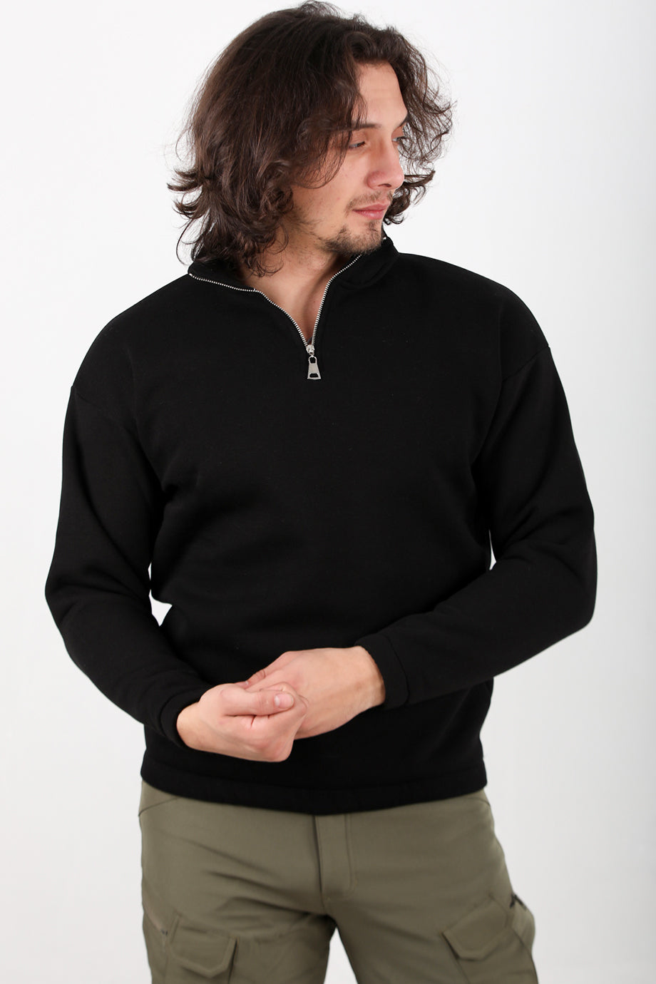 Standneck Erkek Dik Yaka Bel Kol Lastikli Şardonlu Sweat Siyah