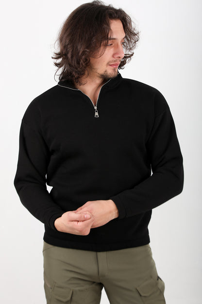 Standneck Erkek Dik Yaka Bel Kol Lastikli Şardonlu Sweat Siyah