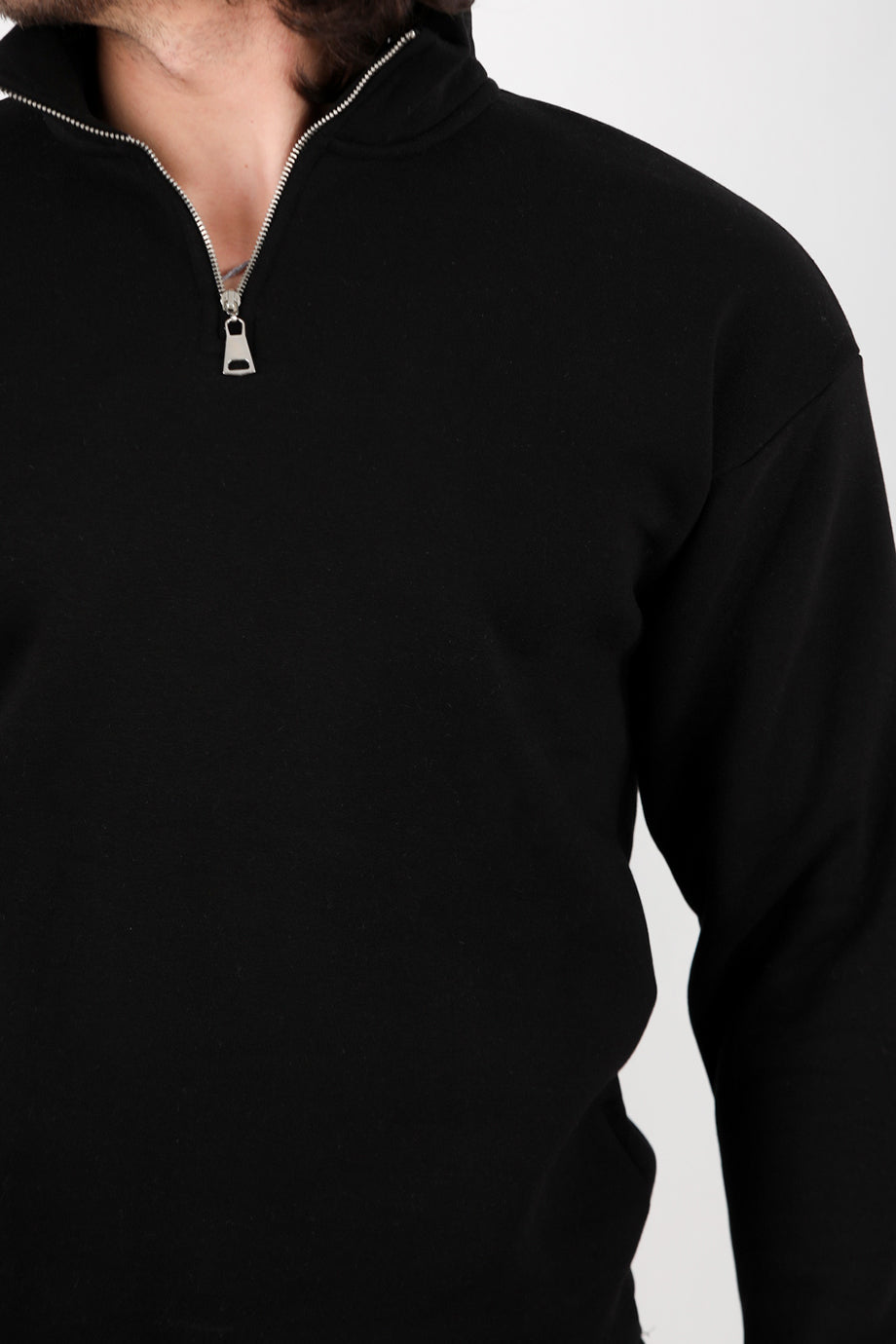 Standneck Erkek Dik Yaka Bel Kol Lastikli Şardonlu Sweat Siyah