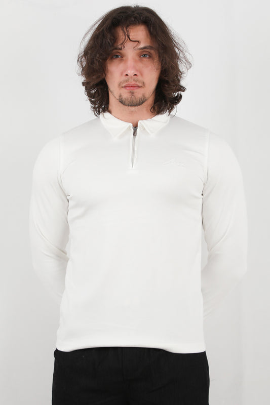 Civor Erkek Yarım Fermuar Polo Yaka Sweat Beyaz