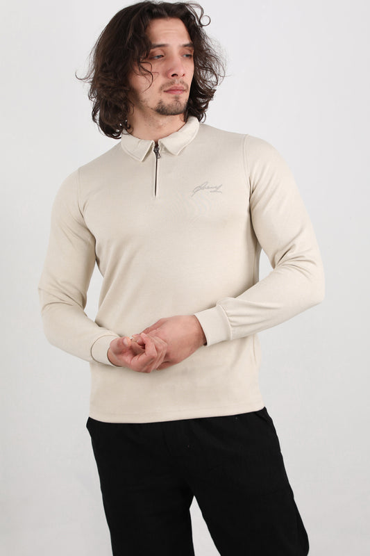 Civor  Erkek Yarım Fermuar Polo Yaka Sweat Taş