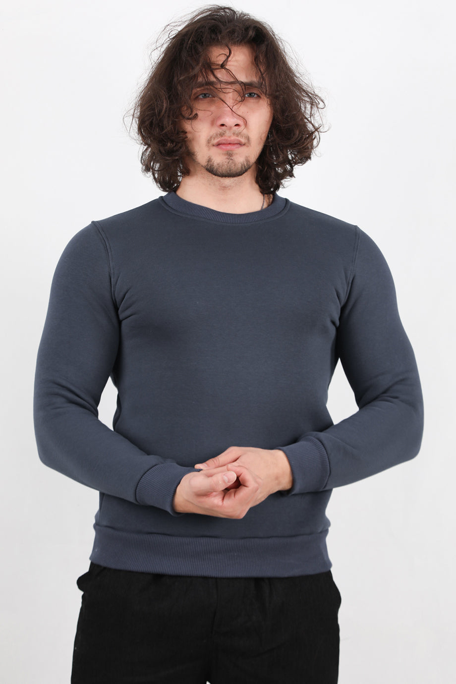 Flexton  Erkek Oversize Bisiklet Yaka Şardonlu Sweat Füme