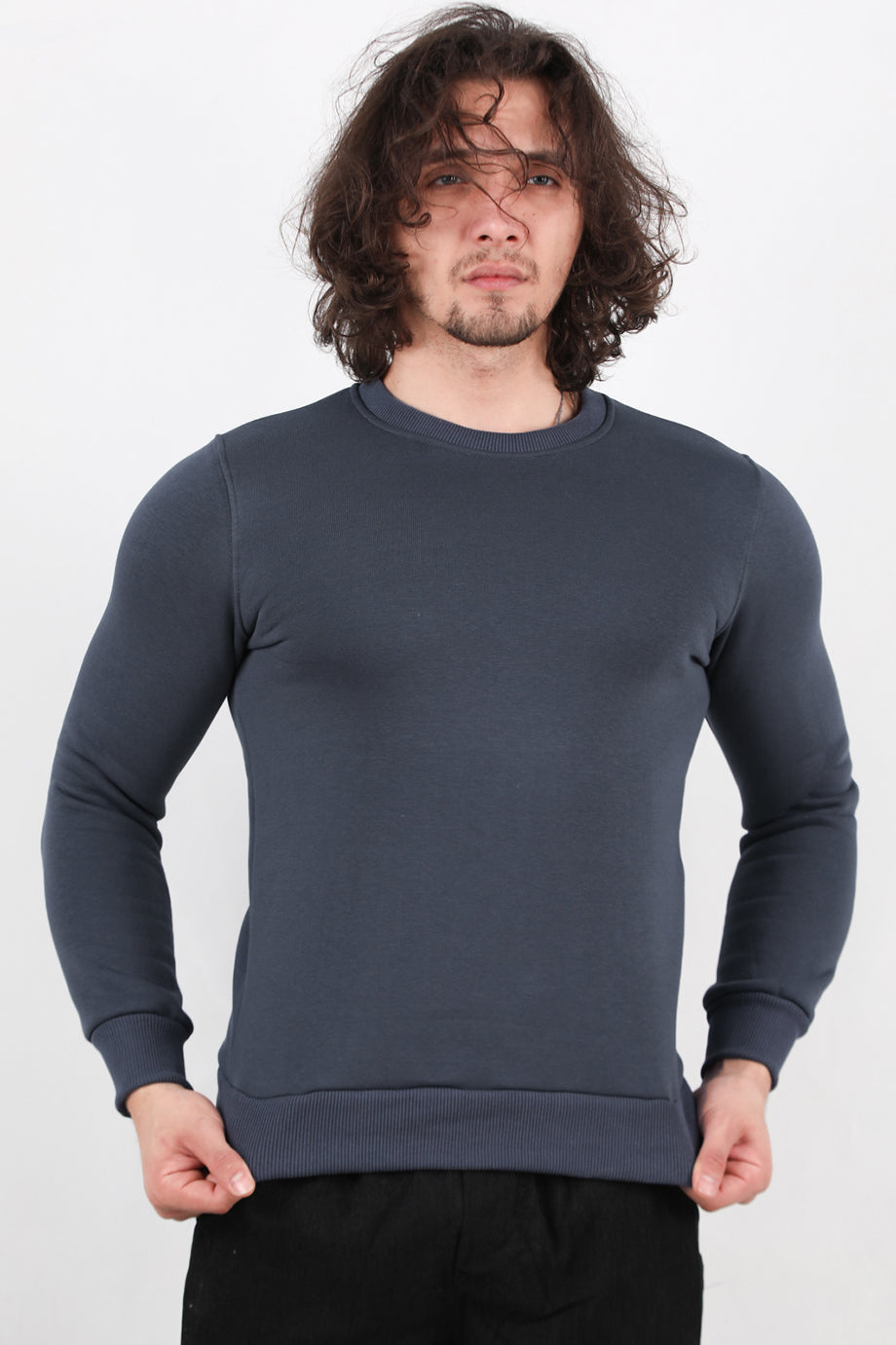 Flexton  Erkek Oversize Bisiklet Yaka Şardonlu Sweat Füme