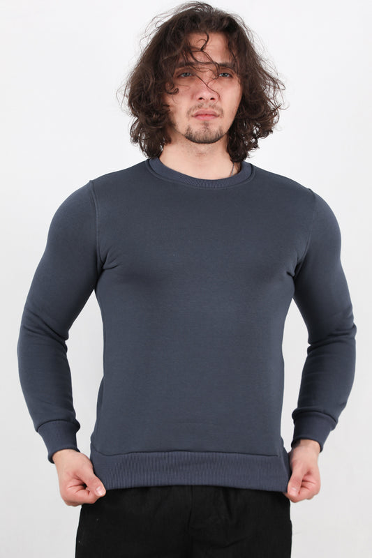 Flexton  Erkek Oversize Bisiklet Yaka Şardonlu Sweat Füme