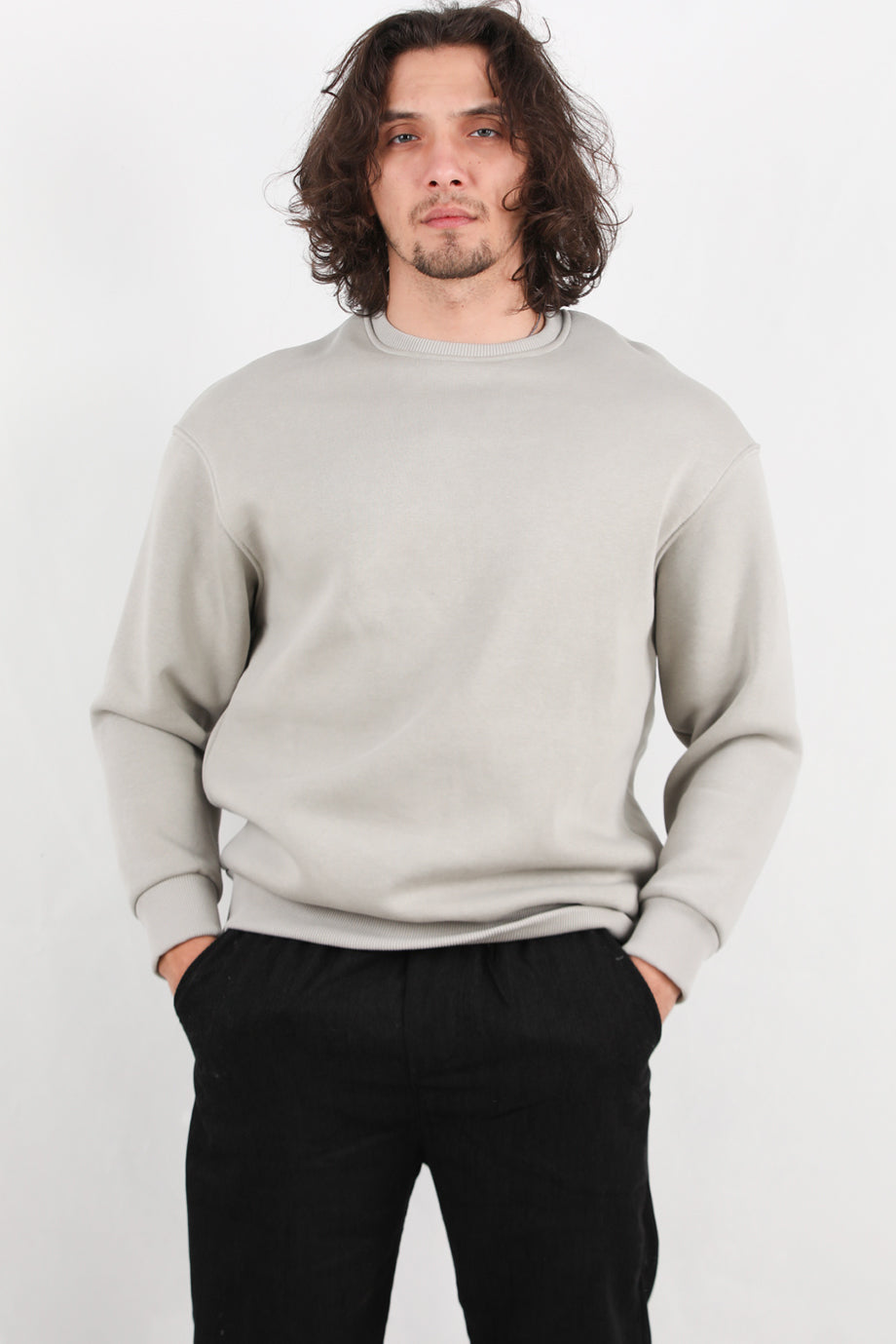 Erkek Oversize Bisiklet Yaka Şardonlu Sweat Gri