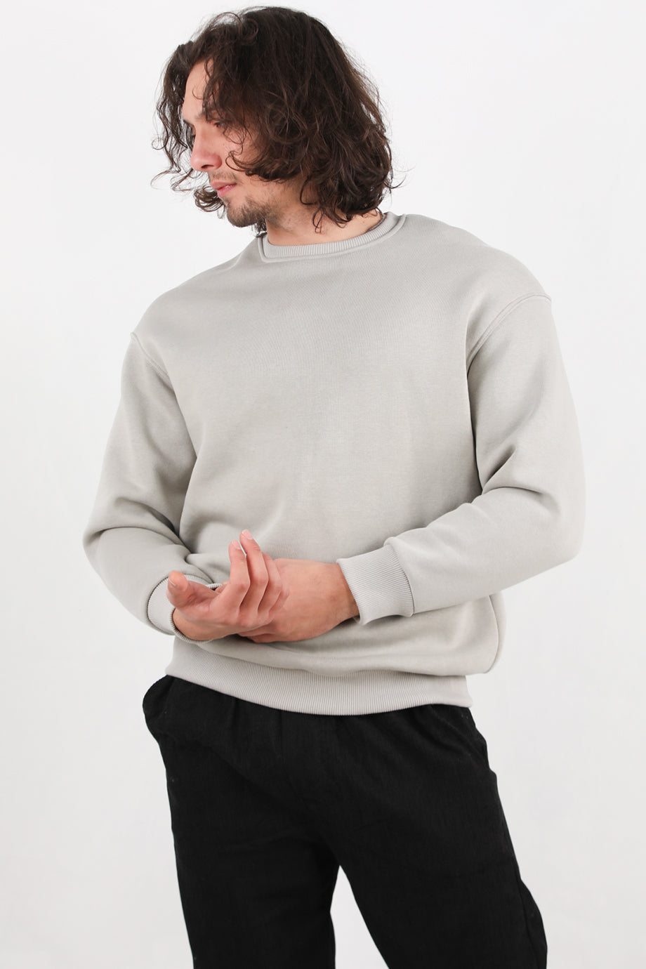 Erkek Oversize Bisiklet Yaka Şardonlu Sweat Gri