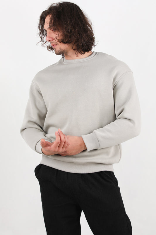 Erkek Oversize Bisiklet Yaka Şardonlu Sweat Gri