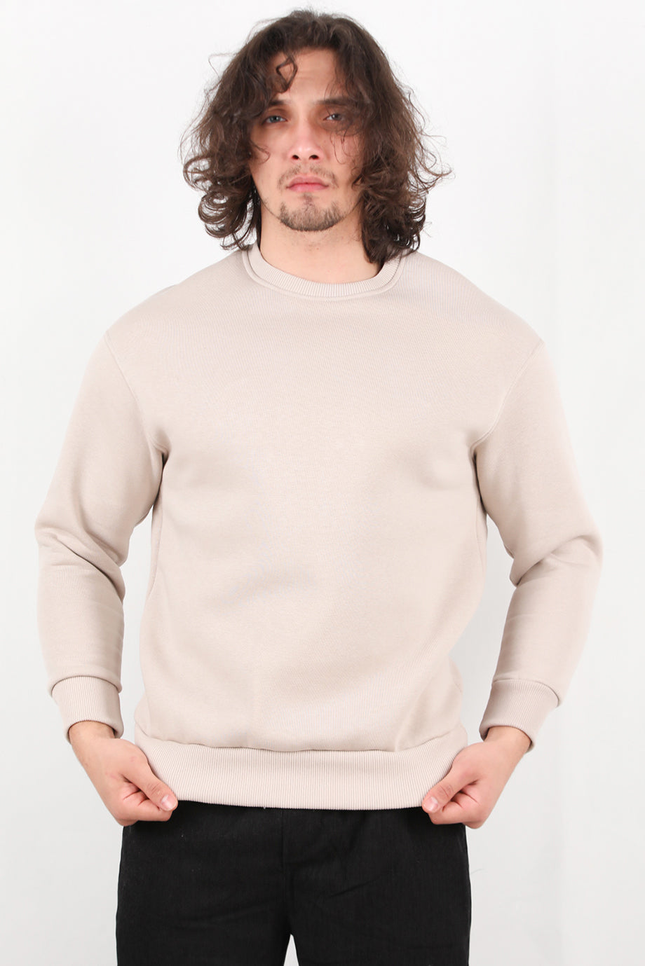Flexton Erkek Oversize Bisiklet Yaka Şardonlu Sweat Taş