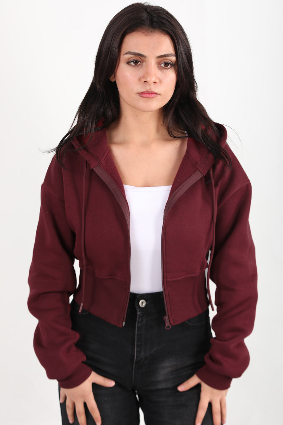 Cropzip Kadın Fermuarlı Crop Sweat Bordo