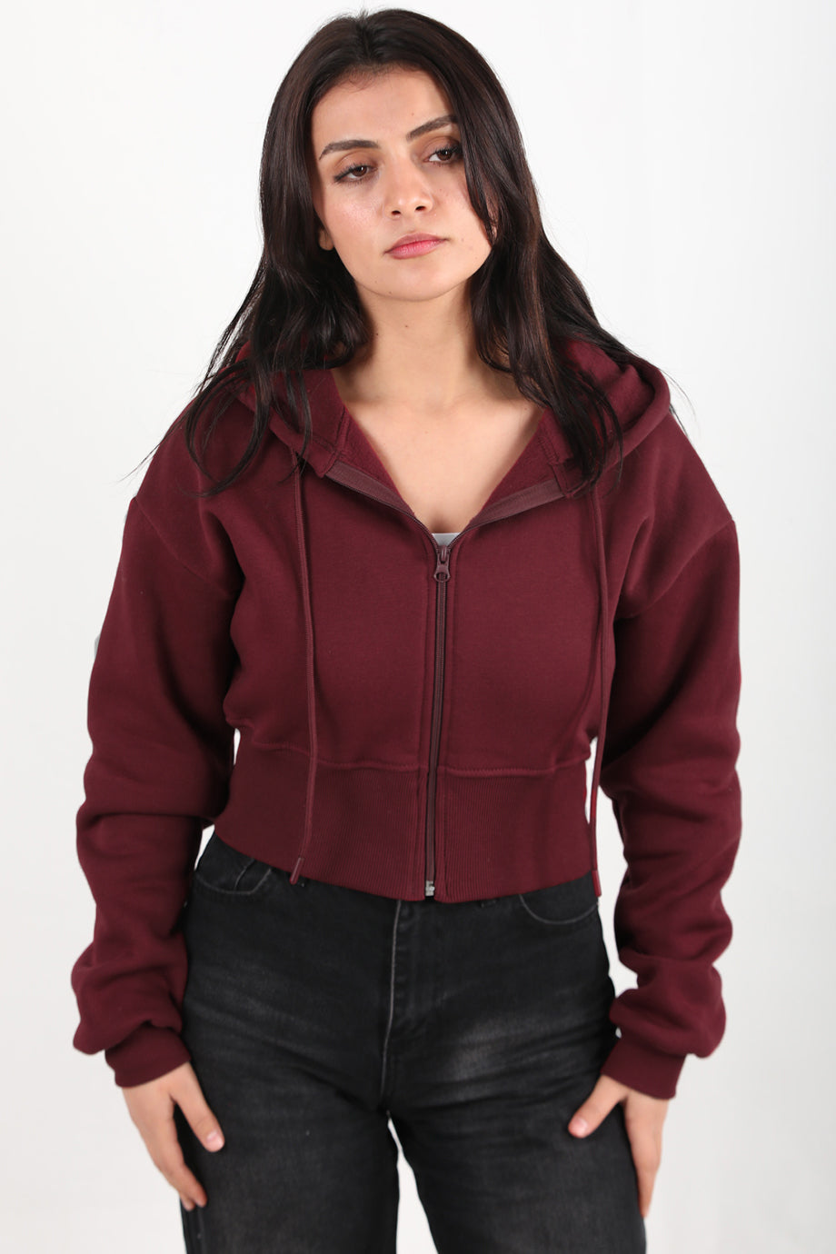 Cropzip Kadın Fermuarlı Crop Sweat Bordo