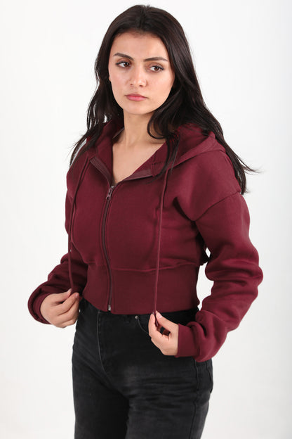 Cropzip Kadın Fermuarlı Crop Sweat Bordo