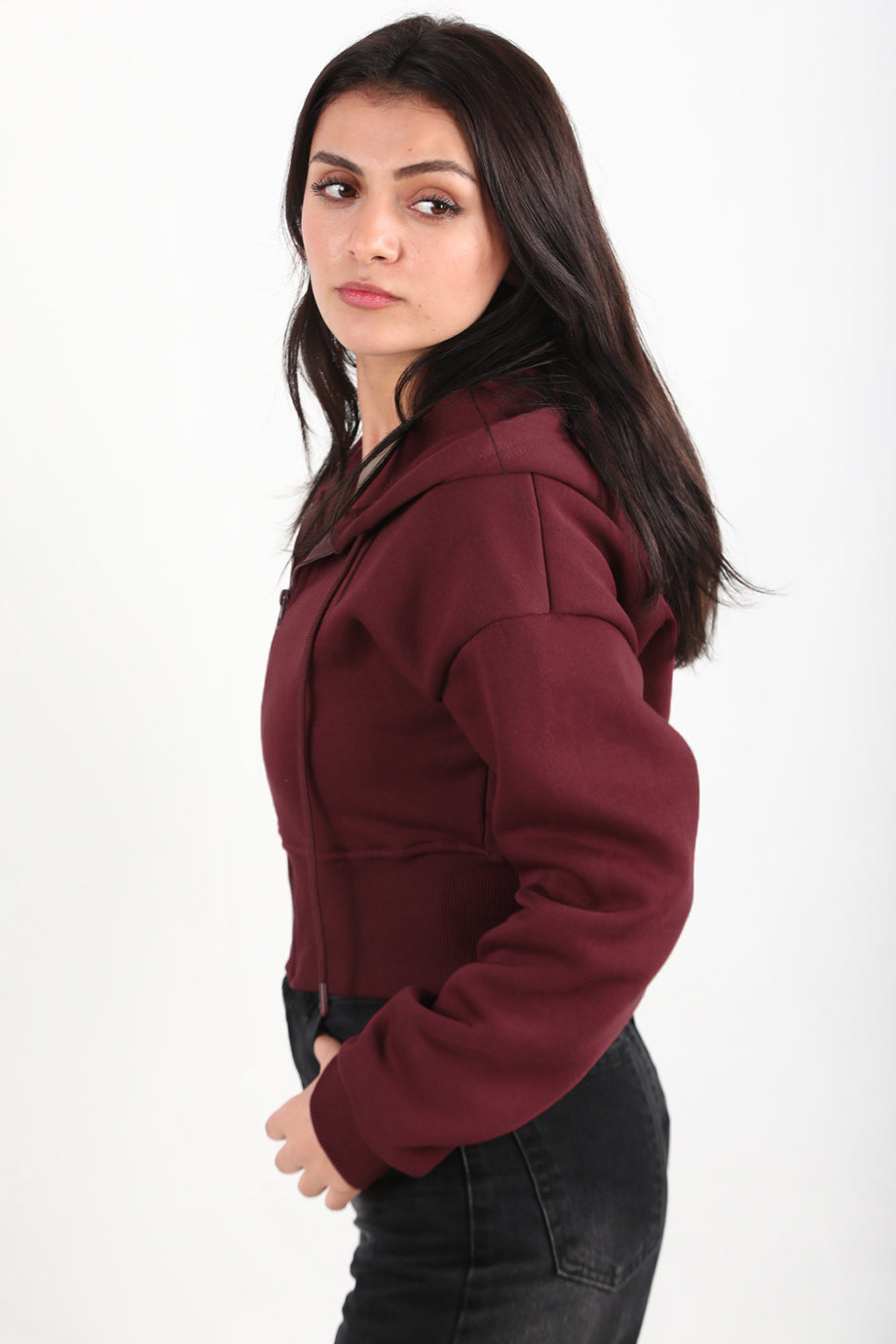 Cropzip Kadın Fermuarlı Crop Sweat Bordo