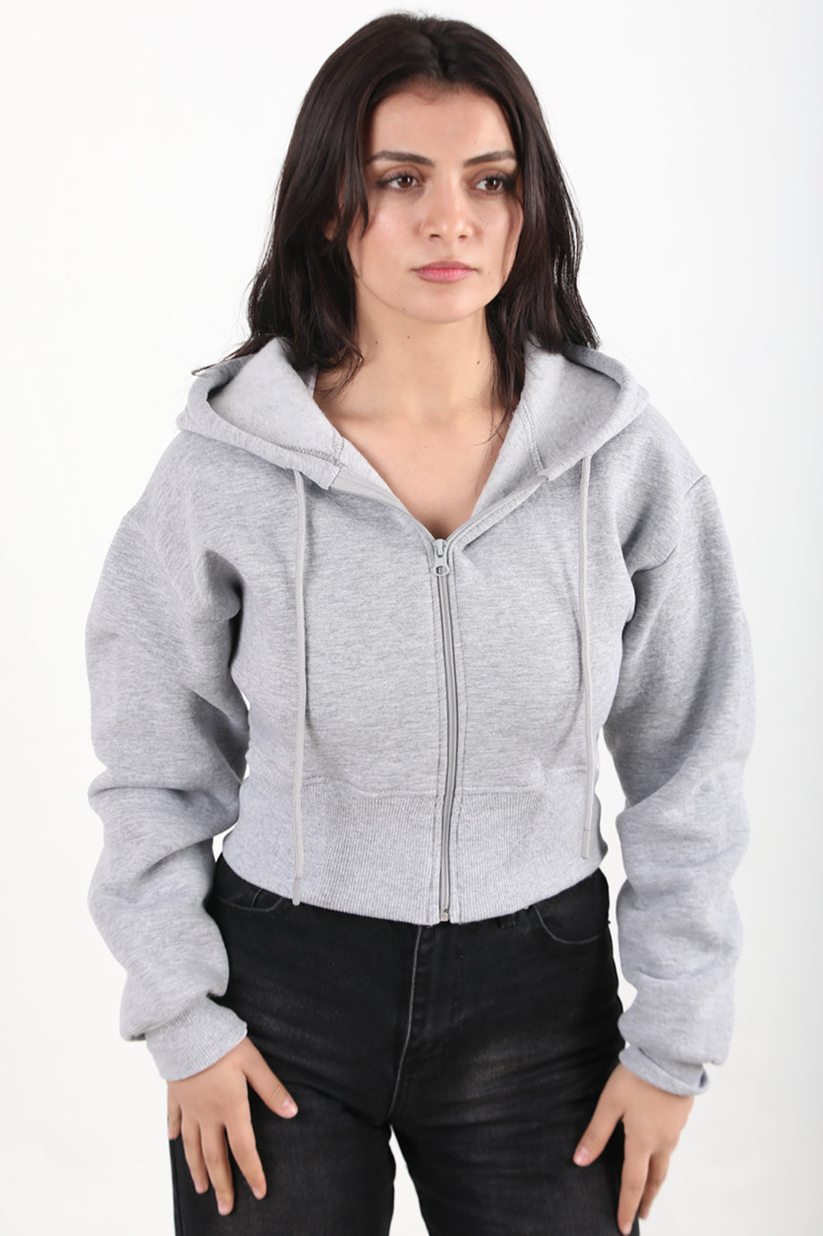 Cropzip Kadın Fermuarlı Crop Sweat Gri