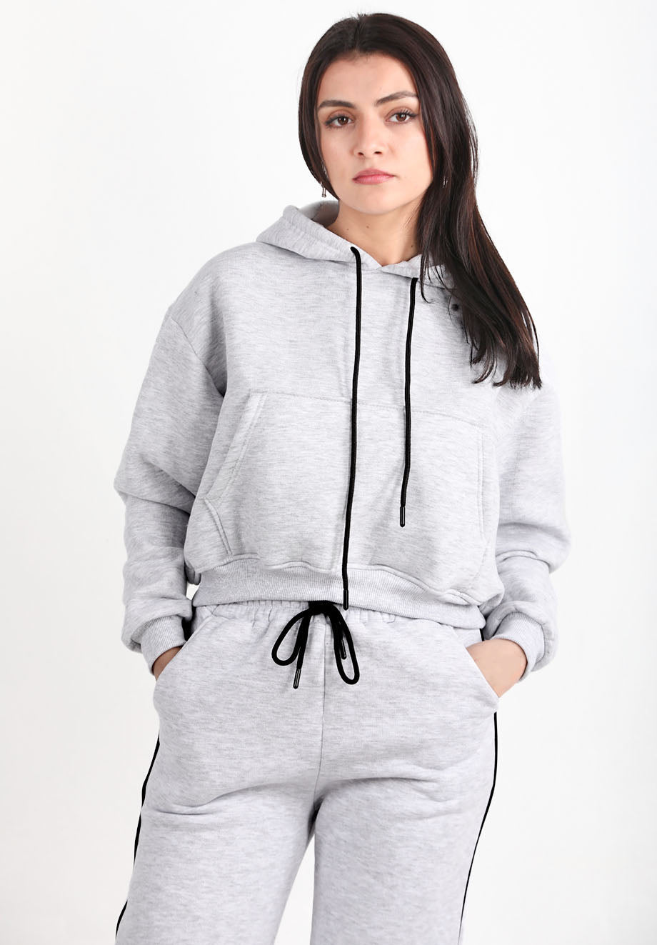 Flexra Kadın Cepli Crop Sweat Açık Gri