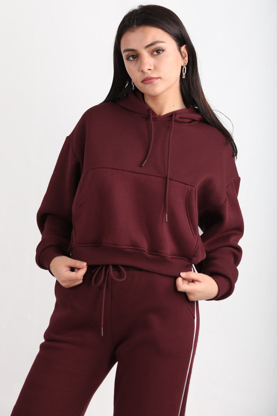 Flexra Kadın Cepli Crop Sweat Bordo