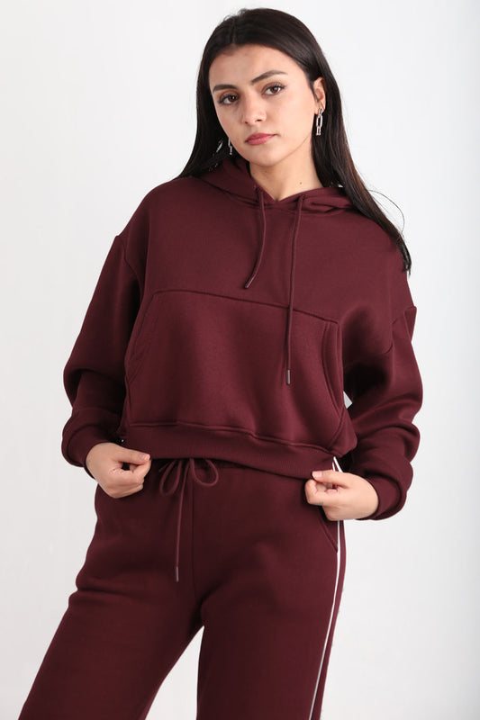 Flexra Kadın Cepli Crop Sweat Bordo