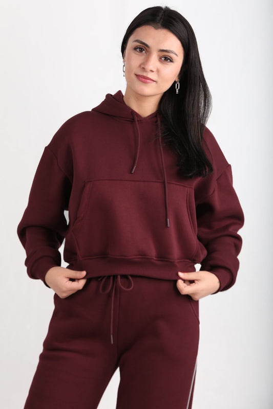 Flexra Kadın Cepli Crop Sweat Bordo