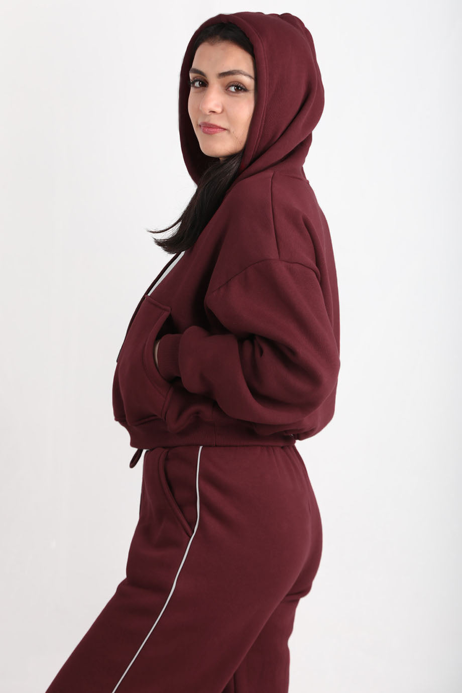 Flexra Kadın Cepli Crop Sweat Bordo