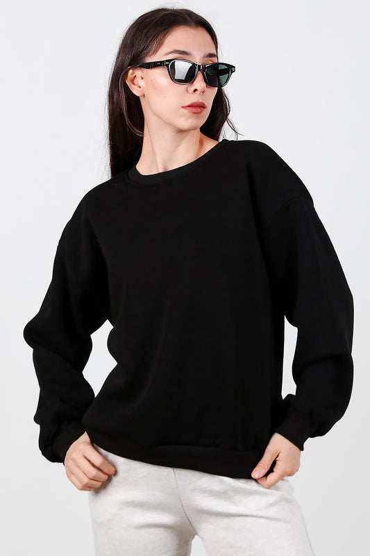 Kadın Bisiklet Yaka Şardonlu Sweat Siyah