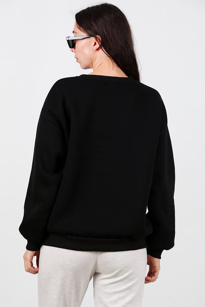 Kadın Bisiklet Yaka Şardonlu Sweat Siyah