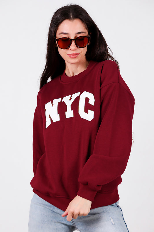 Kadın Yazılı Bisiklet Yaka Sweat Bordo