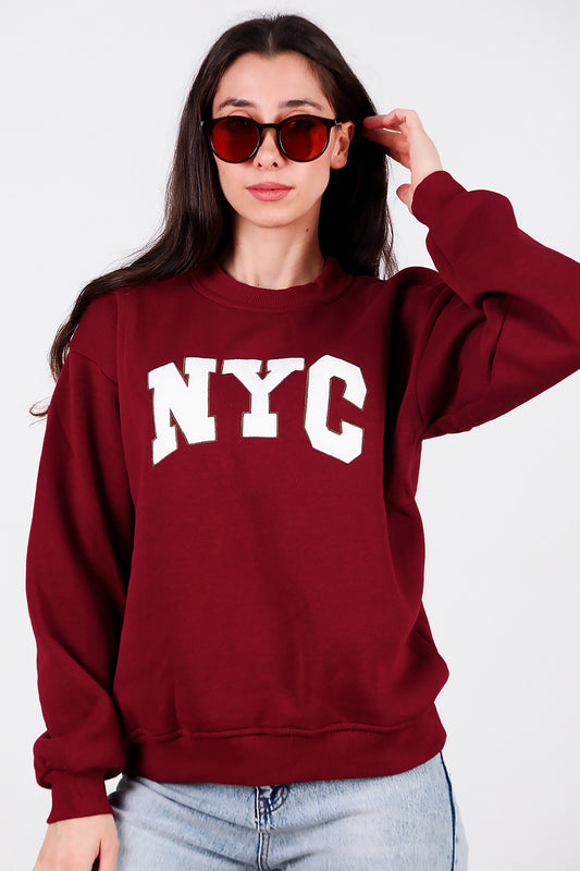 Kadın Yazılı Bisiklet Yaka Sweat Bordo