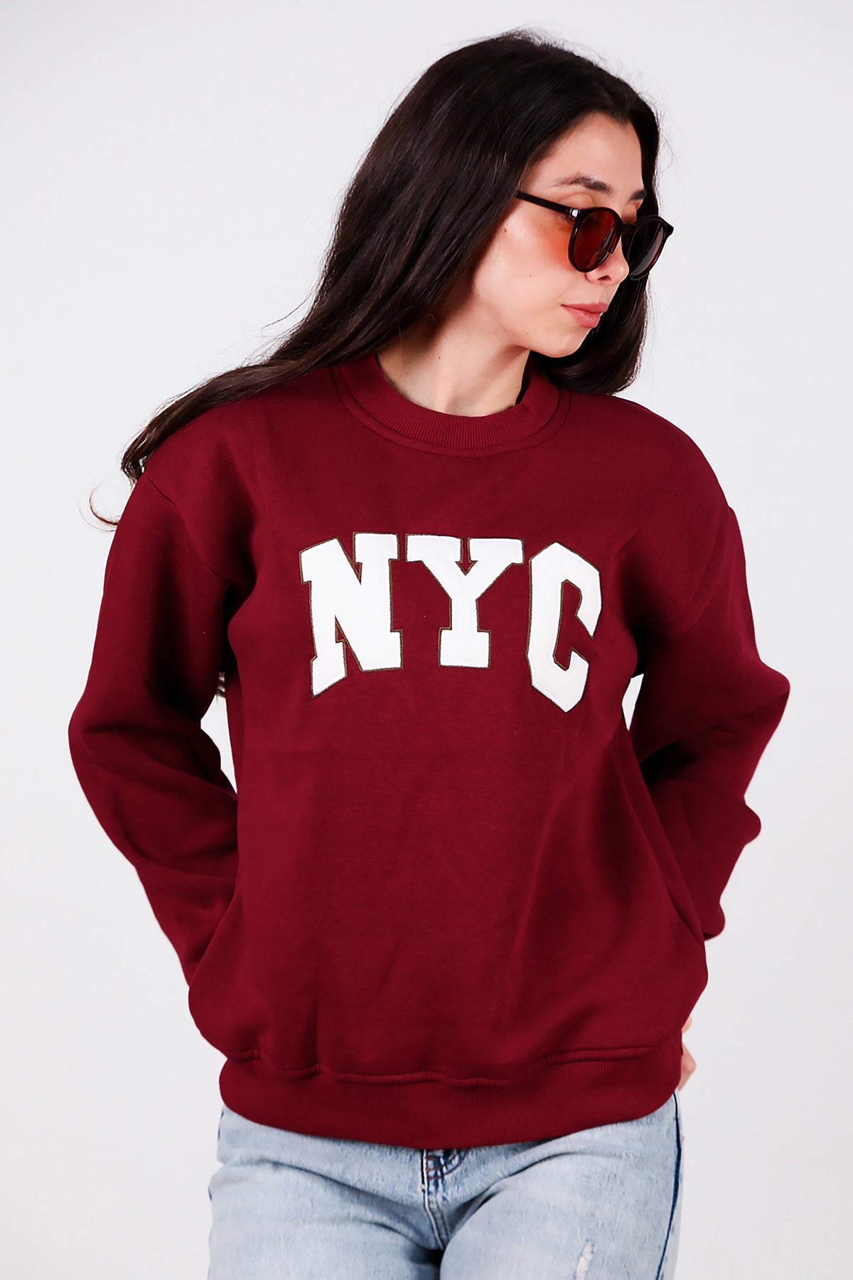 Kadın Yazılı Bisiklet Yaka Sweat Bordo