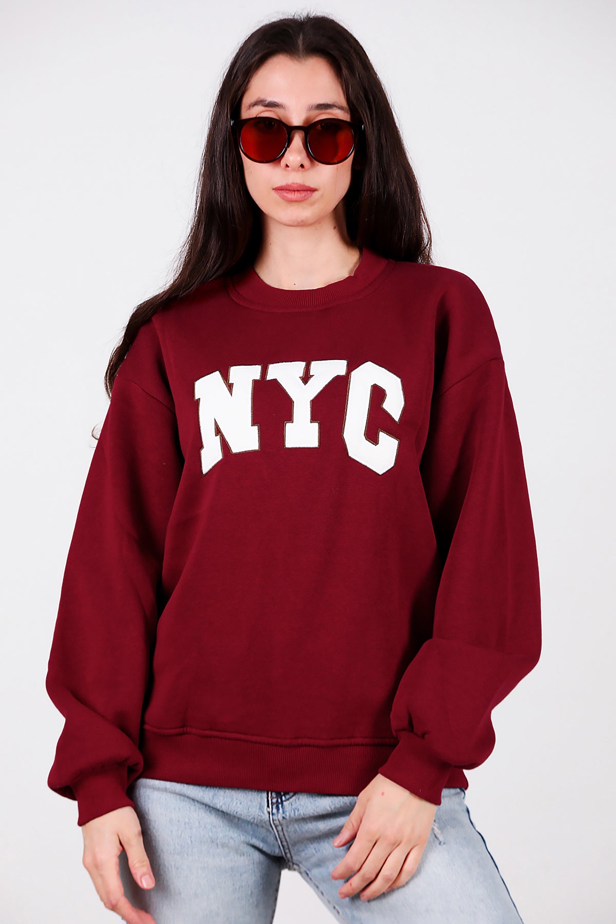 Kadın Yazılı Bisiklet Yaka Sweat Bordo