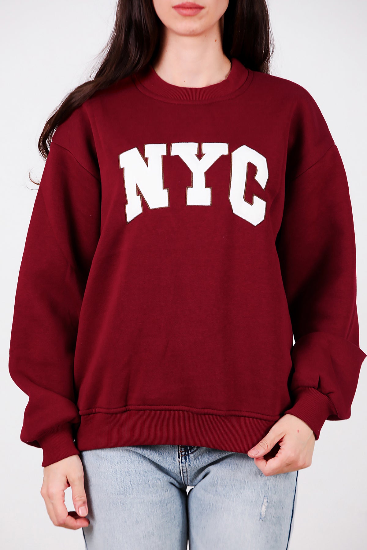 Kadın Yazılı Bisiklet Yaka Sweat Bordo