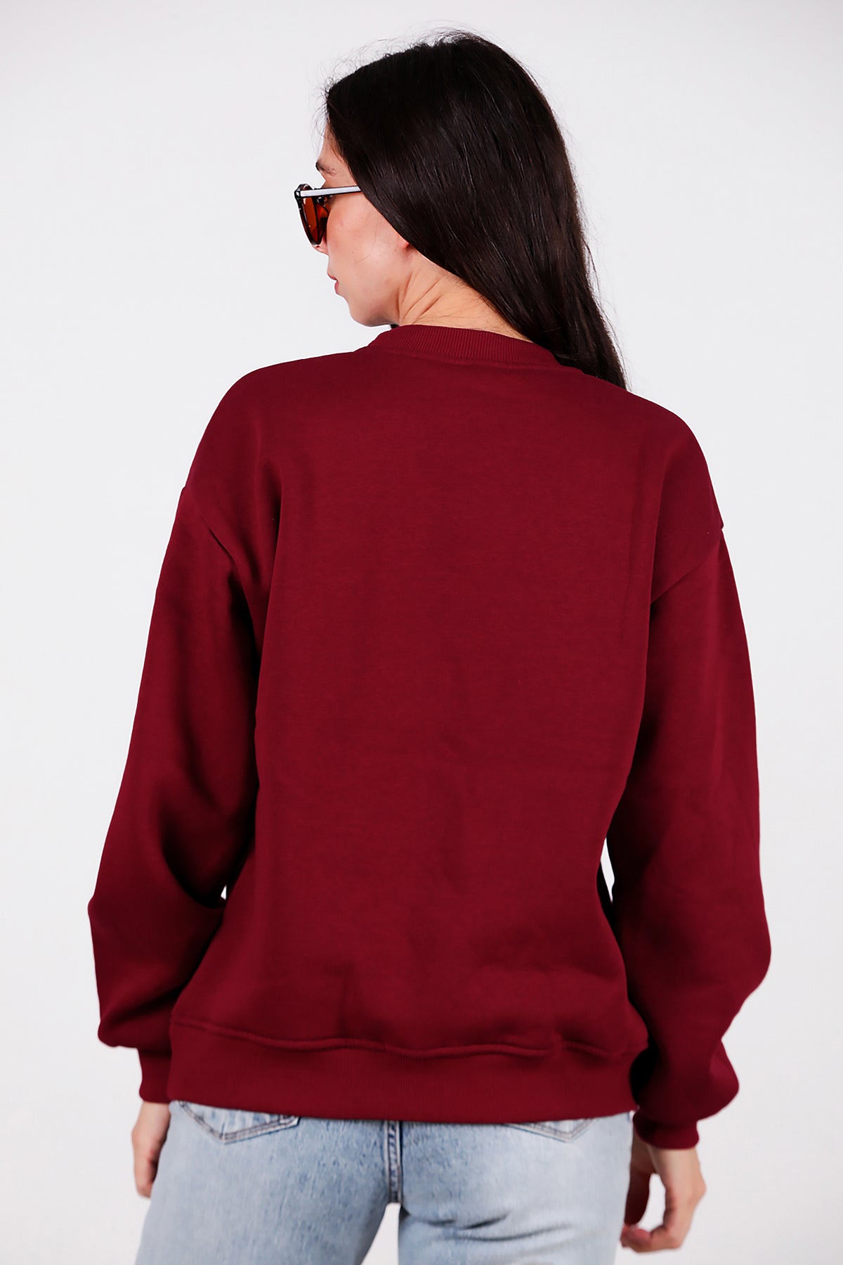 Kadın Yazılı Bisiklet Yaka Sweat Bordo