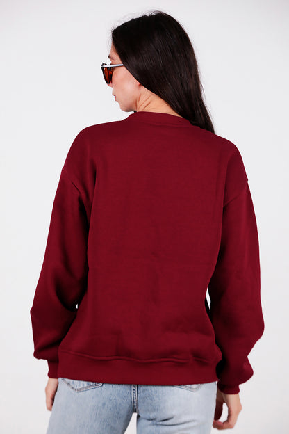Kadın Yazılı Bisiklet Yaka Sweat Bordo