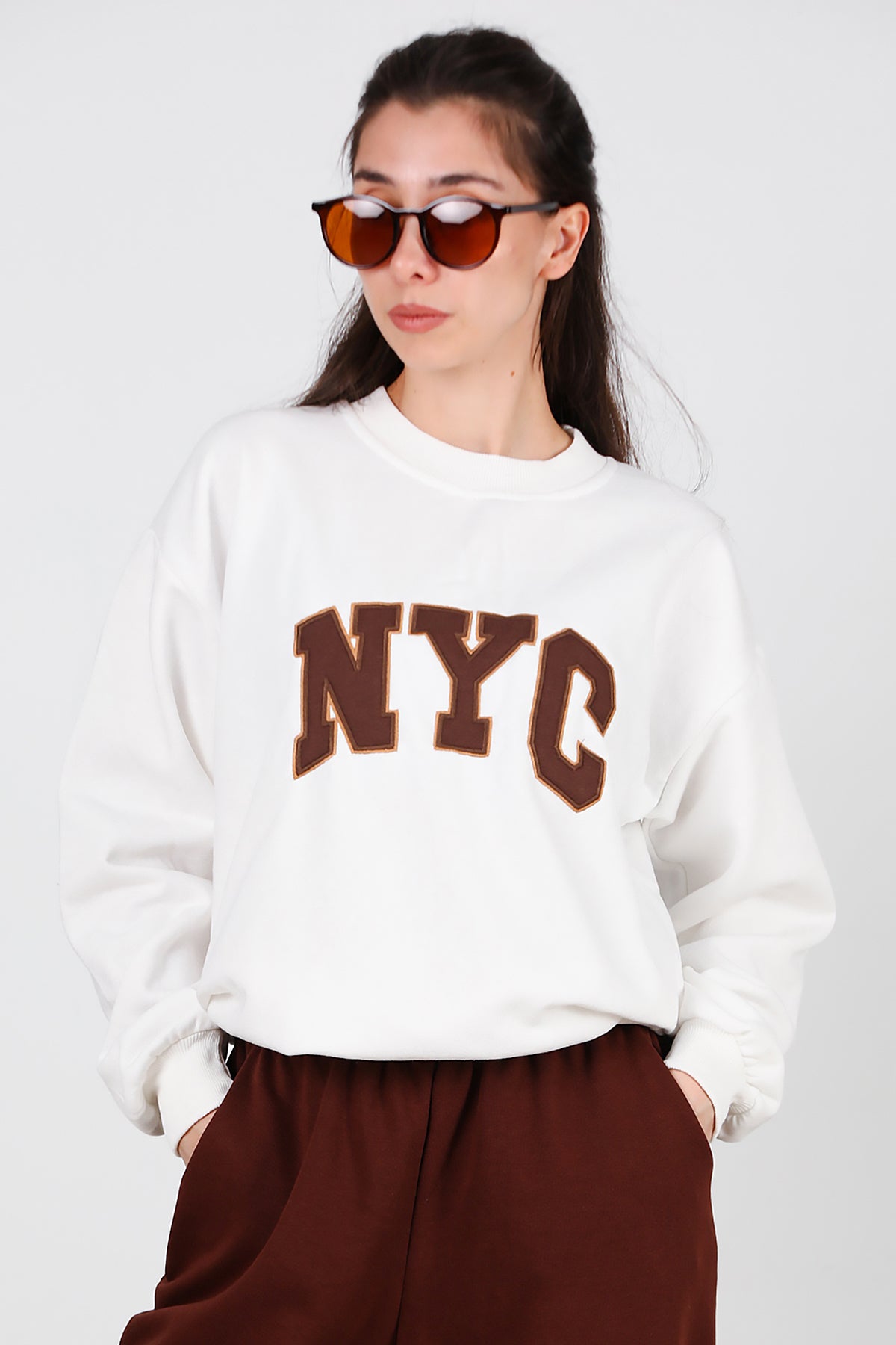 Kadın Yazılı Bisiklet Yaka Sweat Ekru