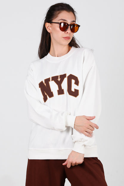 Kadın Yazılı Bisiklet Yaka Sweat Ekru