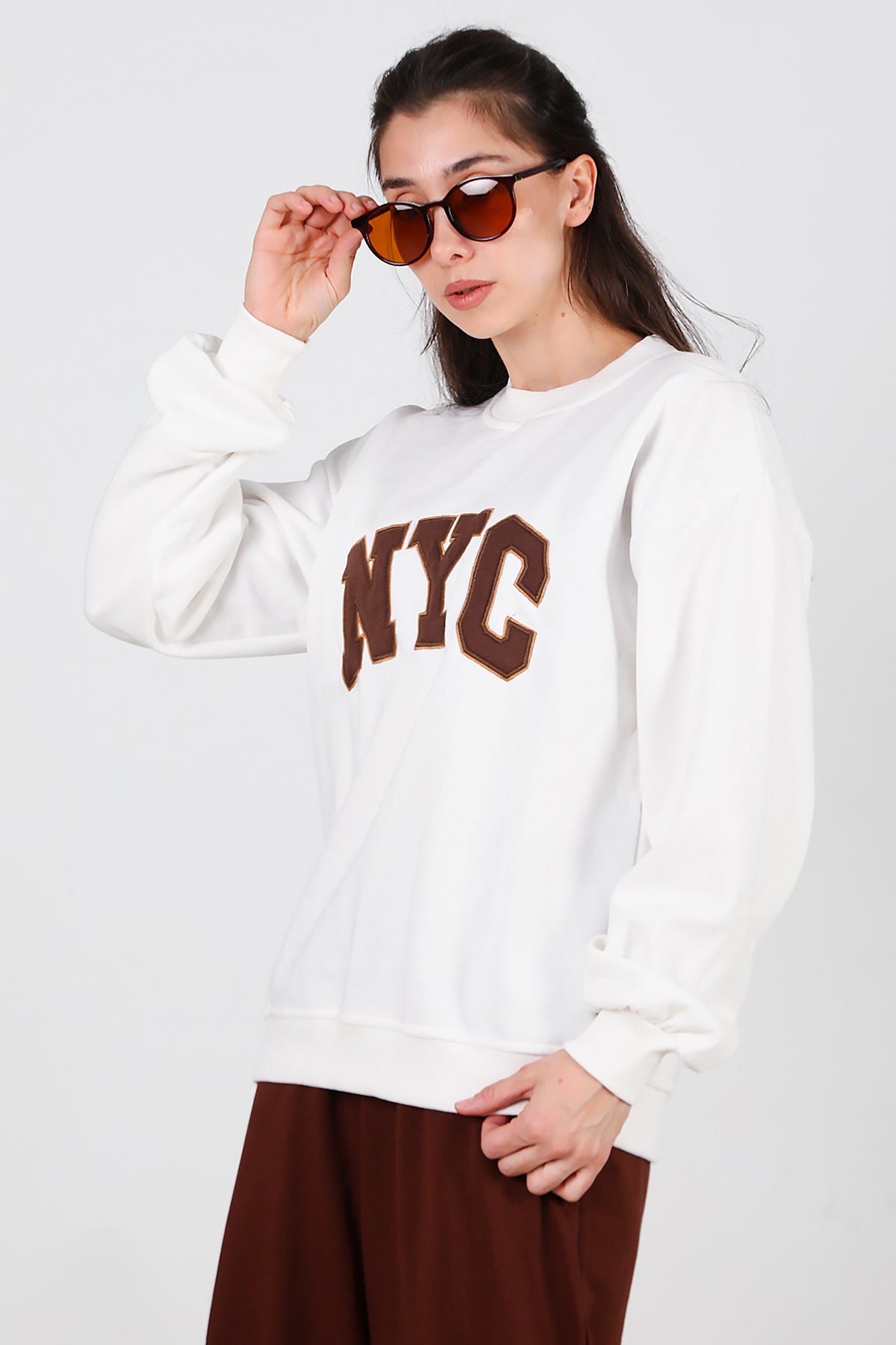 Kadın Yazılı Bisiklet Yaka Sweat Ekru