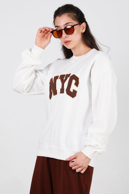 Kadın Yazılı Bisiklet Yaka Sweat Ekru