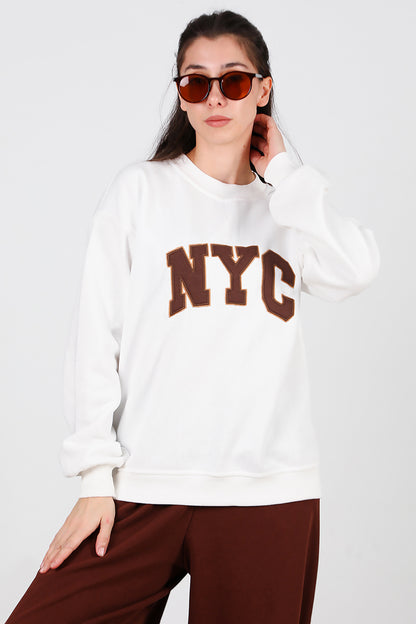 Kadın Yazılı Bisiklet Yaka Sweat Ekru