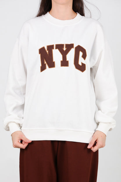 Kadın Yazılı Bisiklet Yaka Sweat Ekru