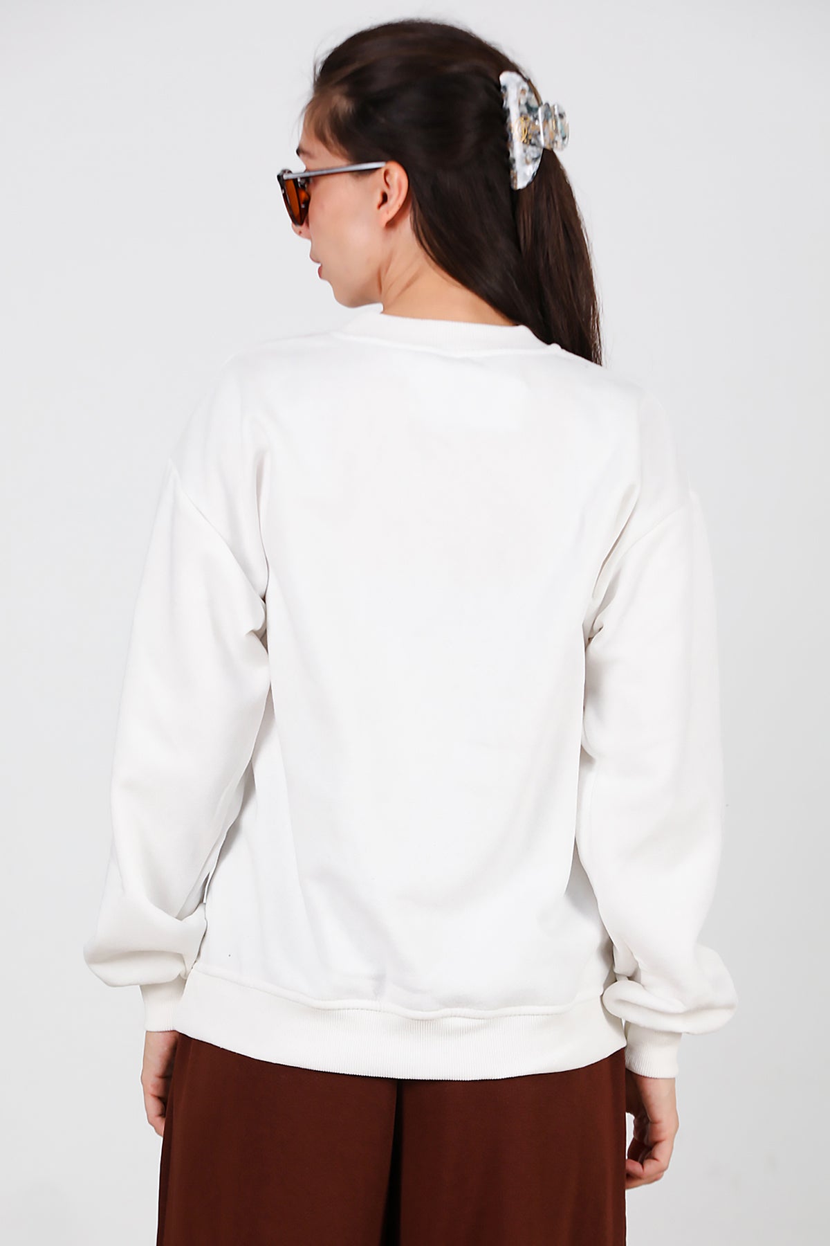 Kadın Yazılı Bisiklet Yaka Sweat Ekru