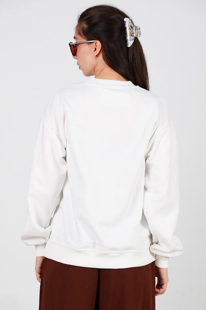 Kadın Yazılı Bisiklet Yaka Sweat Ekru