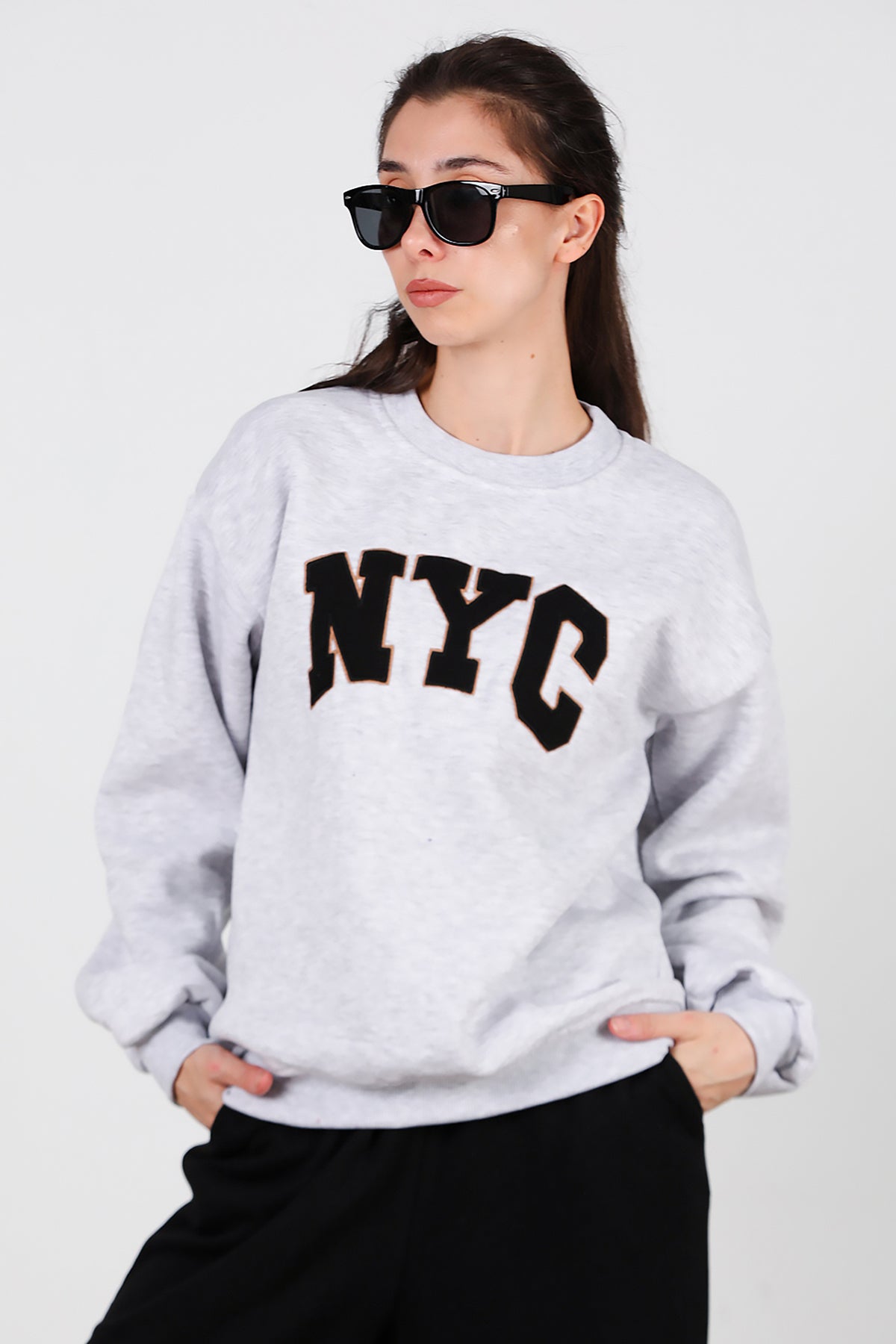 Kadın Yazılı Bisiklet Yaka Sweat Gri